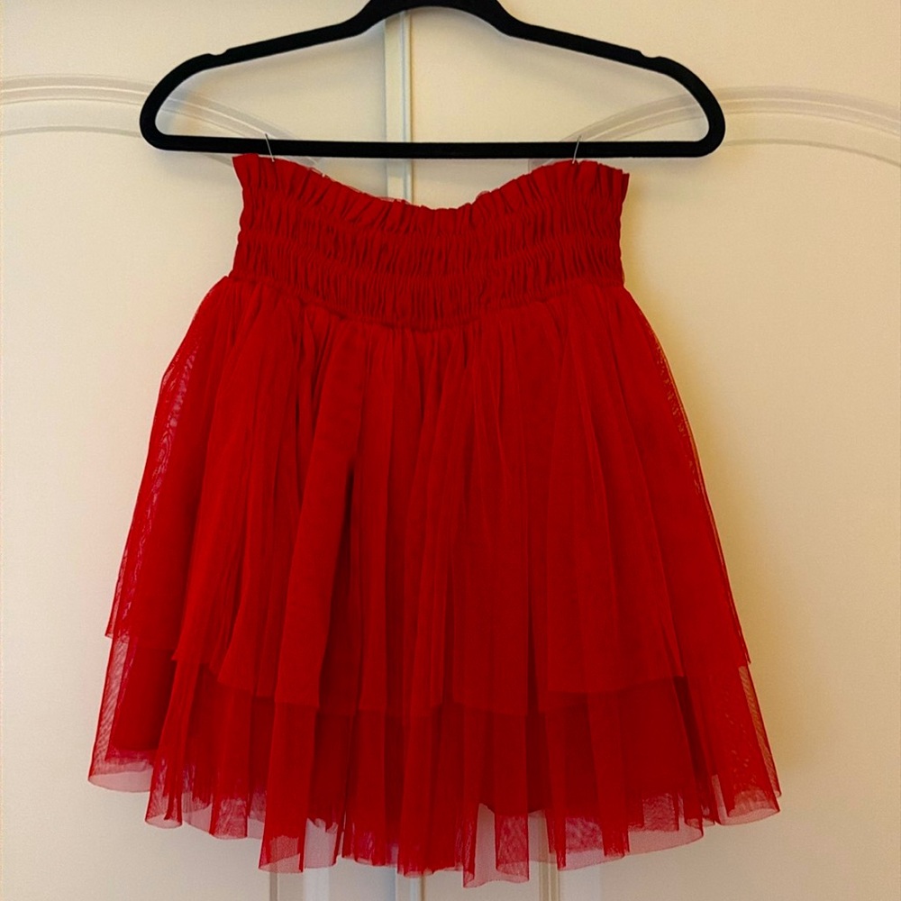 Anthropologie Red Layered Tulle Tutu Skirt Smocked Waist